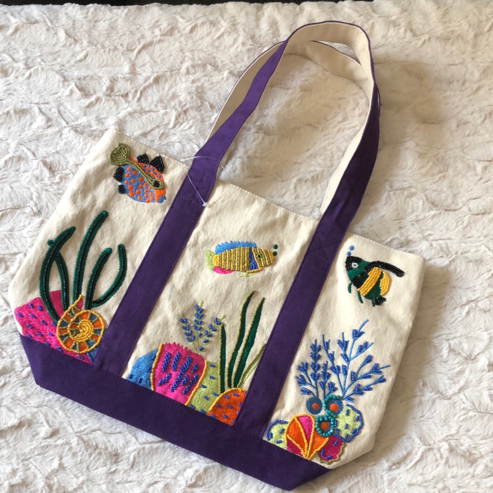 Embroidered Beaded Canvas FISH Tote Bag